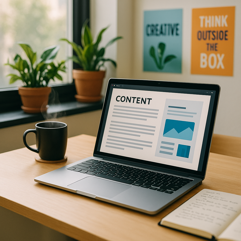 Limage montre un bureau moderne avec un ordinateur portable ouvert sur une table en bois clair  lcran on peut voir une interface de rdaction de contenu avec des graphiques et des textes en cours de rdaction  ct de lordinateur il y a une tasse de caf