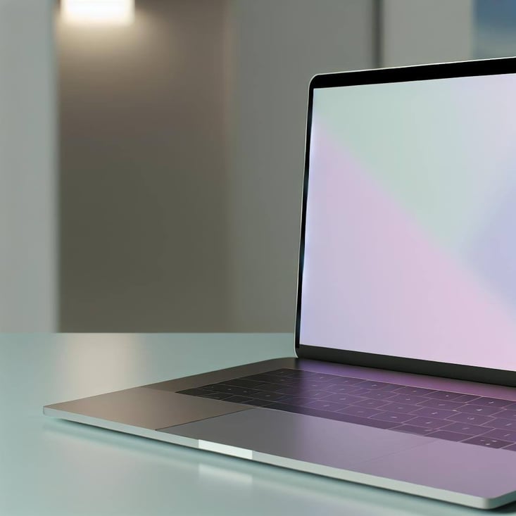 Un bureau minimaliste avec un ordinateur portable ouvert, affichant un écran où les tons doux de lilas et de vert pâle dominent-1