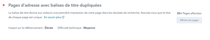 Alerte: Pages d'adresse avec balises de titre dupliquées