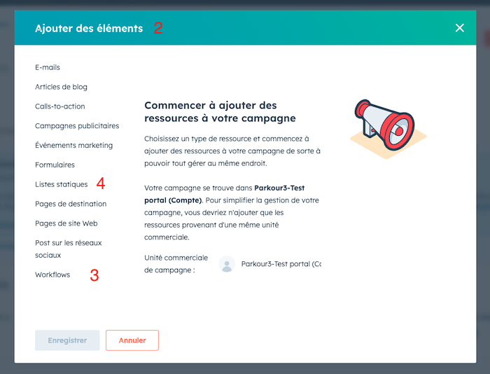 Étapes campagnes HubSpot