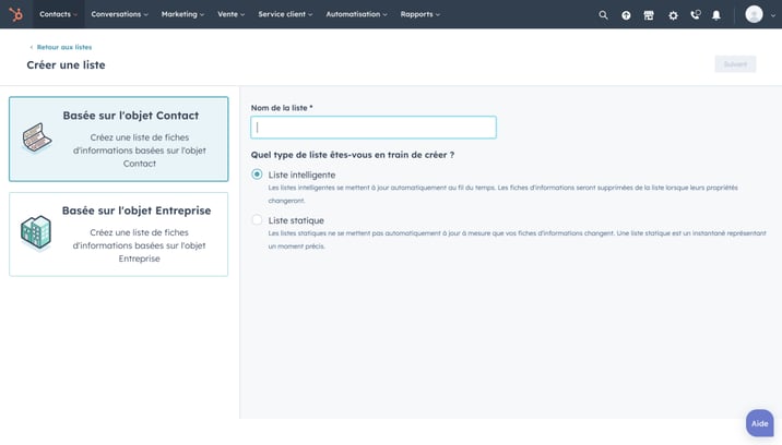 Capture d'écran du panneau administratif HubSpot pour créer des listes