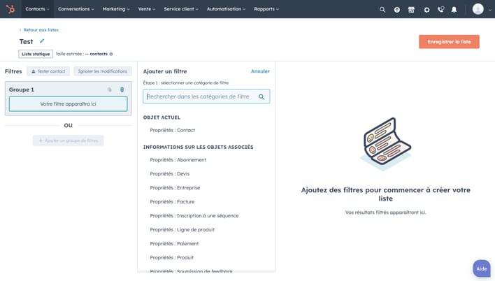 Panneau administratif HubSpot pour la création de conditions pour liste
