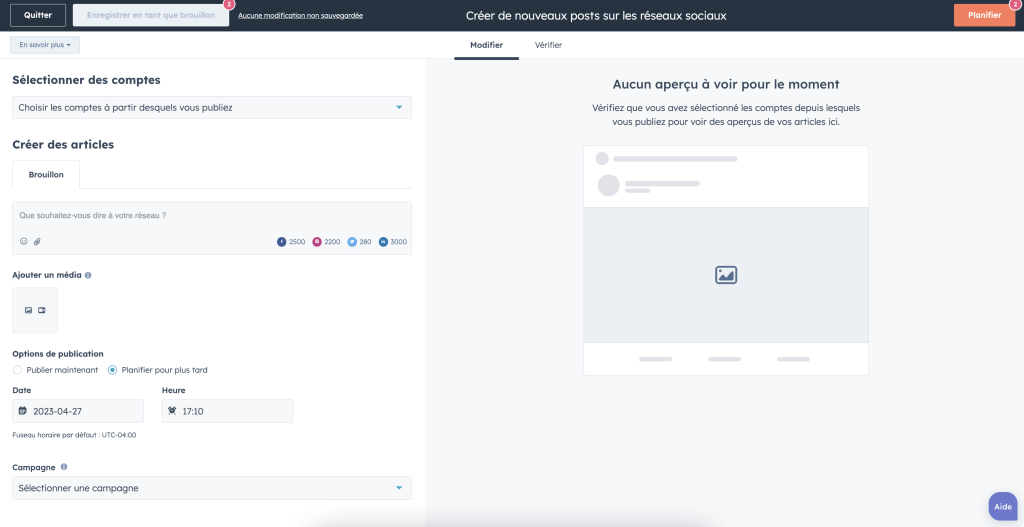 Planification et publication d’un post avec HubSpot