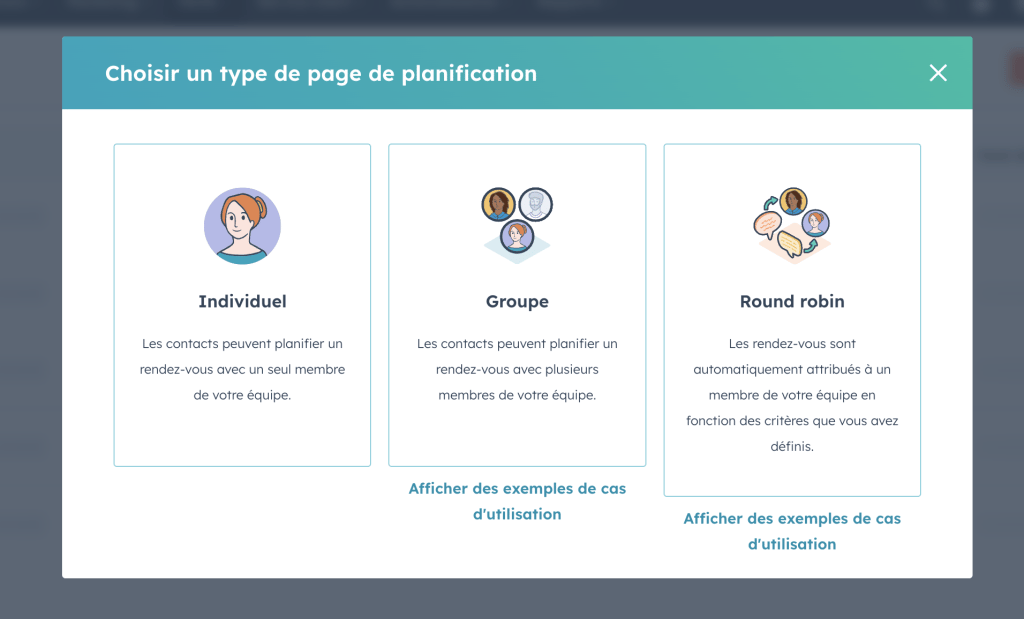 Image de la plateforme présentant les 3 types de rendez-vous disponibles