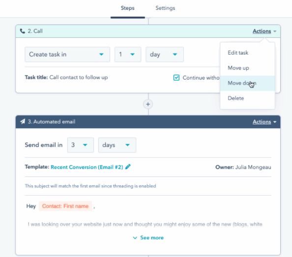 Aperçu de la plateforme au moment de créer des actions pour des email automatisés