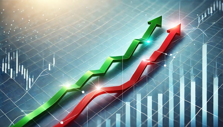 DALL·E 2024-06-26 11.37.56 - A financial chart showing two lines, one green and one red, at the bottom of the chart. These lines are apart initially but gradually merge perfectly