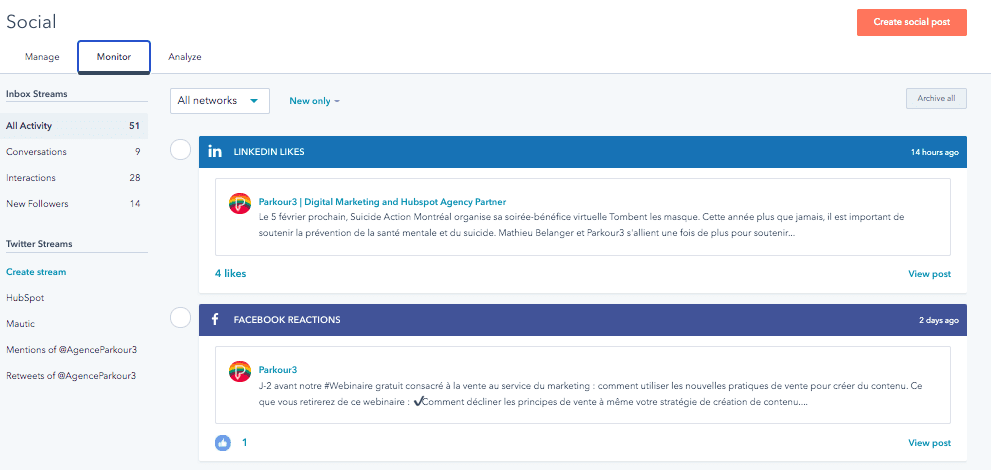 Médias sociaux dans HubSpot