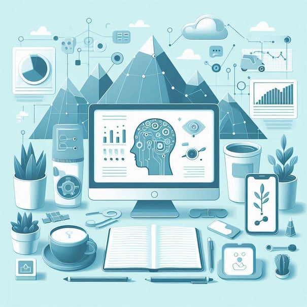 minimalist professional blog article on AI and marketing strategies, sober, in pale blue color