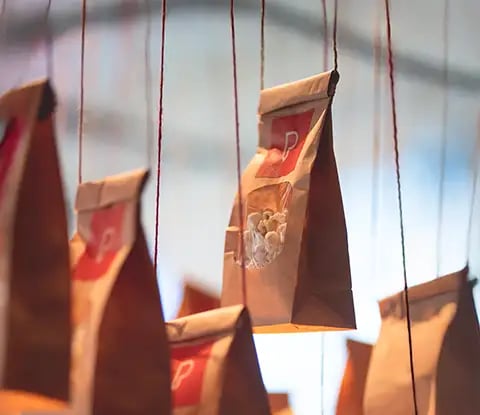 Popcorn bags featuring Parkour3, suspended by red cords