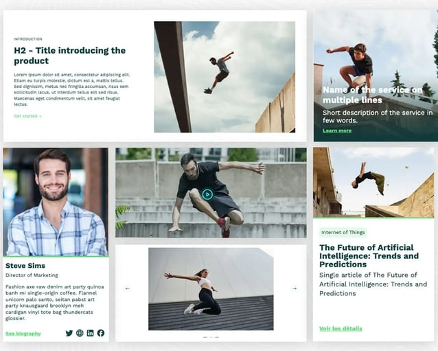 Aperçu de différents modules disponibles dans un thème HubSpot