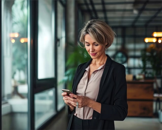 Une femme en tailleur noir consulte son téléphone dans un bureau moderne avec de grandes fenêtres et des plantes vertes en arrière-plan.