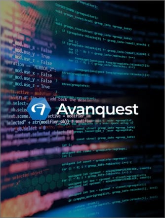 Image de code informatique dans des couleurs néon, avec le logo d'Avanquest bien en évidence au premier plan.