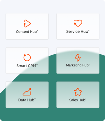 Cinq icônes de hub de HubSpot : Content Hub, Marketing Hub, Sales Hub, Services Hub, et Operations Hub sur un design épuré.