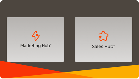 Deux icônes de hub de HubSpot : Sales Hub, Marketing Hub sur un design épuré aux couleurs de Dawco.