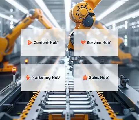 Four HubSpot icons: Content Hub, Marketing Hub, Service Hub and Sales Hub on a modern factory floor with robotic arms.