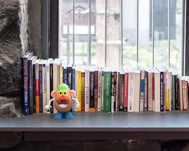 Un jouet, Monsieur Patate, se tient devant une étagère remplie de divers livres, avec une fenêtre et un mur en pierre en arrière-plan.