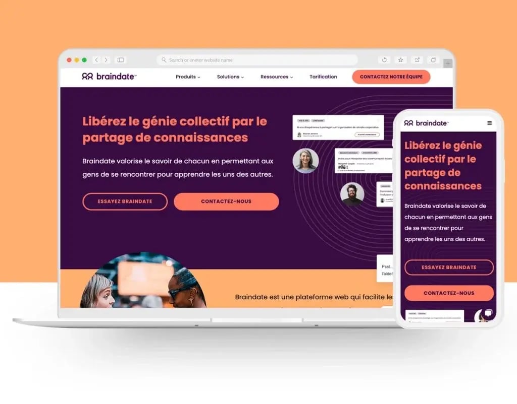 Vue du site web de Braindate, sur ordinateur et cellulaire