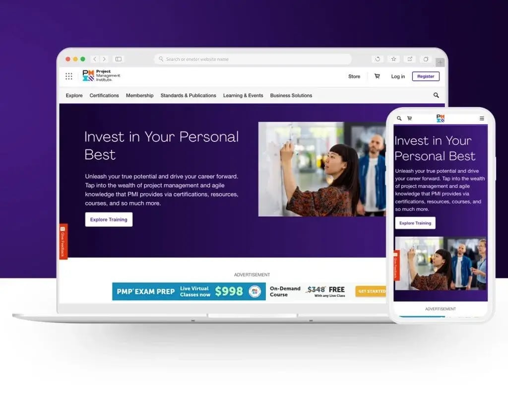 Vue du site web PMI-Montreal, sur ordinateur et cellulaire