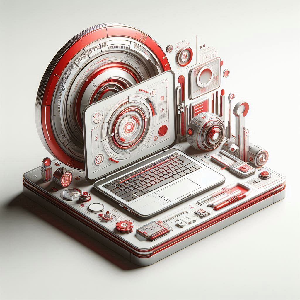 une autre image technologique profesionnelle pour un article de blogue - réaliste dans les tons de rouges et blancs sans personnes, minimaliste